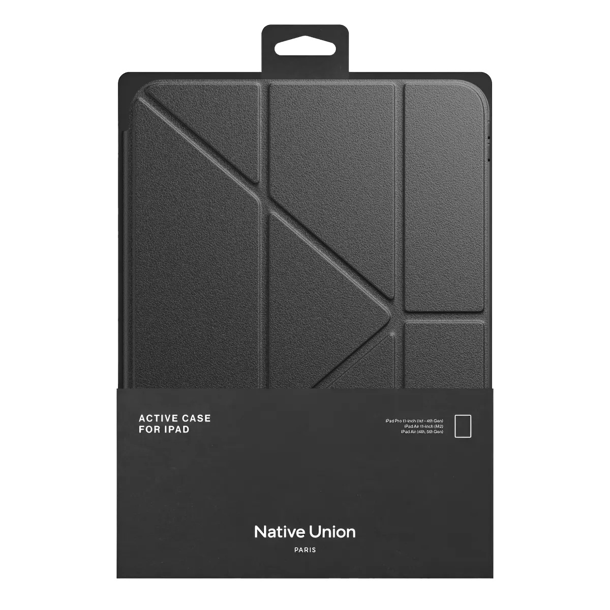 Funda negra para iPad en embalaje. Incluye el texto 'ACTIVE CASE FOR IPAD' y el logo 'Native Union PARIS'. Modelos de iPad compatibles listados.