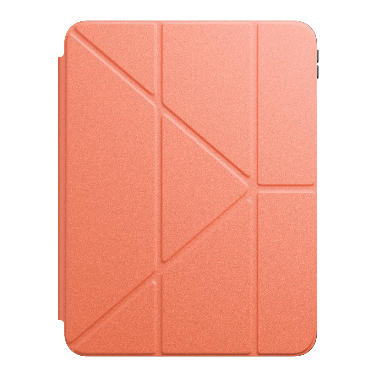 Custodia per tablet color corallo con design geometrico. Superficie strutturata con linee che creano forme. Pulsanti neri visibili.