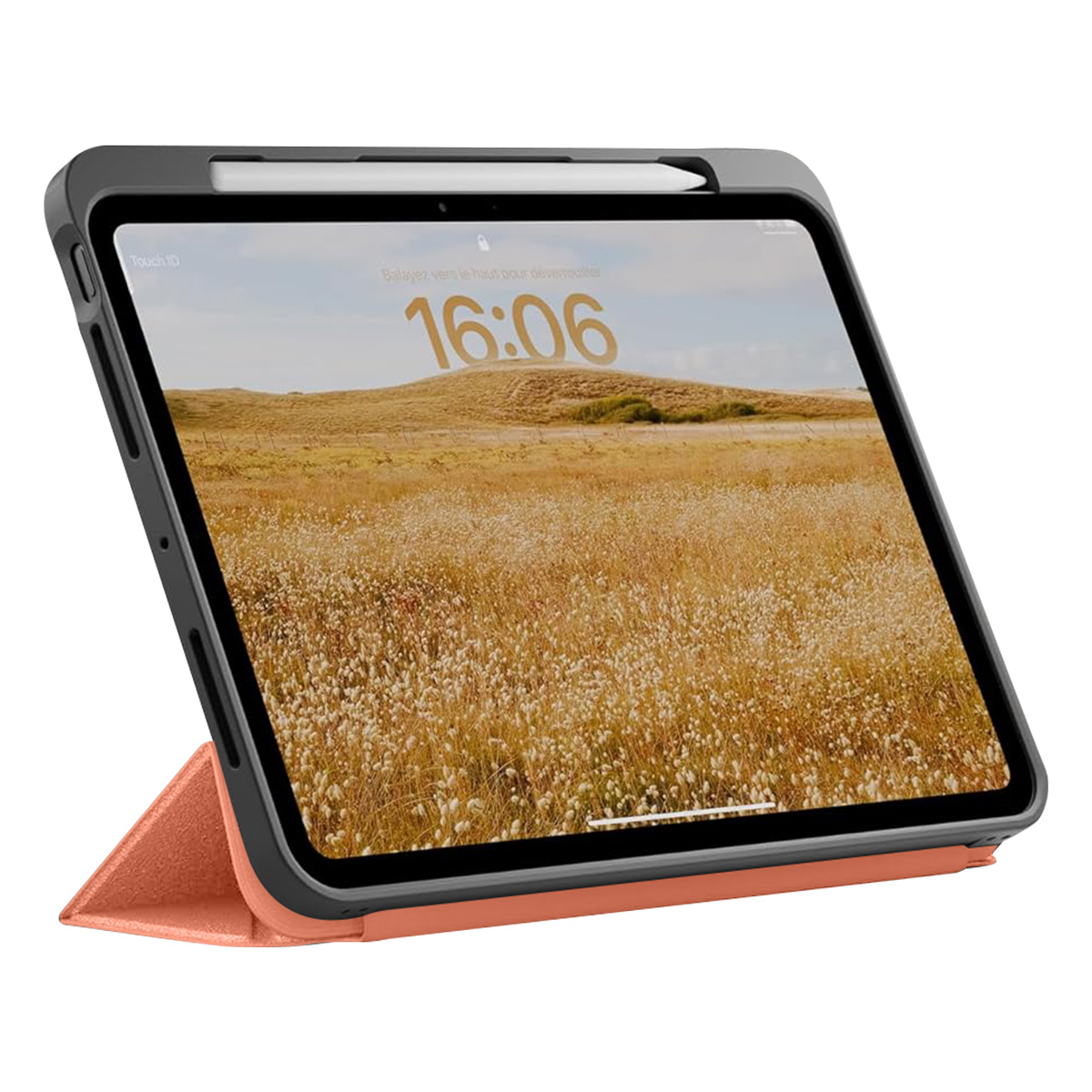 Un iPad con custodia e matita su un supporto, che mostra uno sfondo paesaggistico.