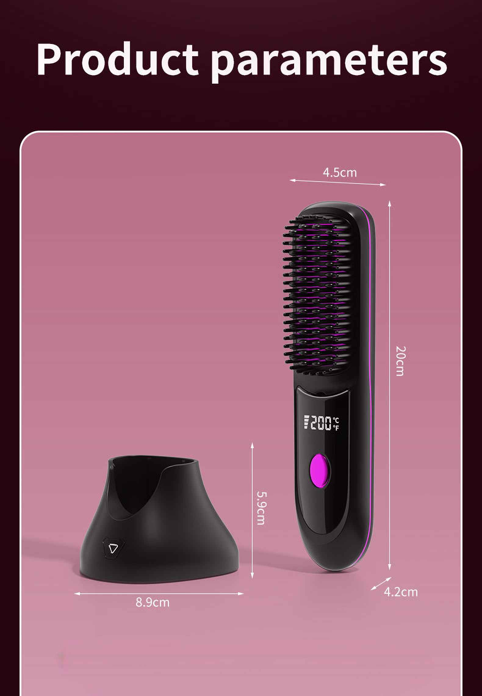 Das Bild zeigt eine schwarze Haarglättungsbürste mit Maßen und einem Ständer. Der Hintergrund ist rosa.
