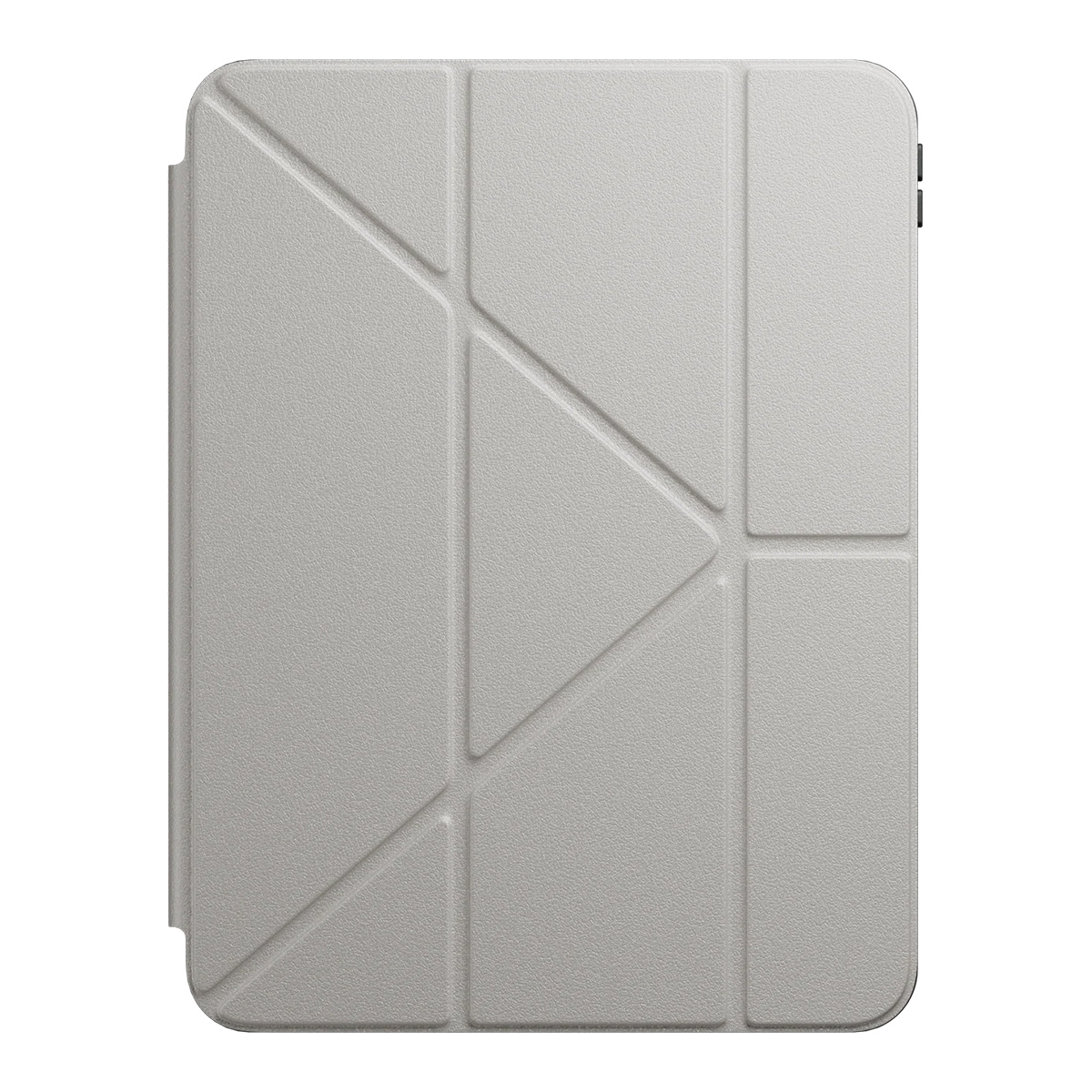 Una cover per tablet grigio chiaro, con un motivo geometrico di linee e forme. La cover ha una superficie strutturata e un bordo nero.