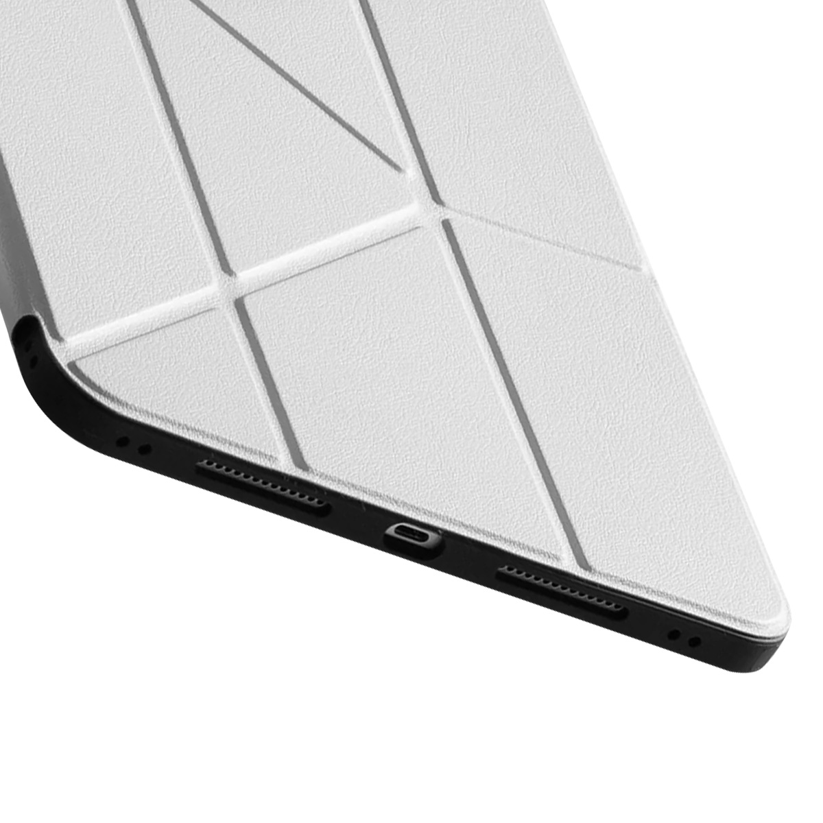 Primo piano di una custodia per tablet bianca strutturata con finiture nere. Ha motivi geometrici e una porta di ricarica.