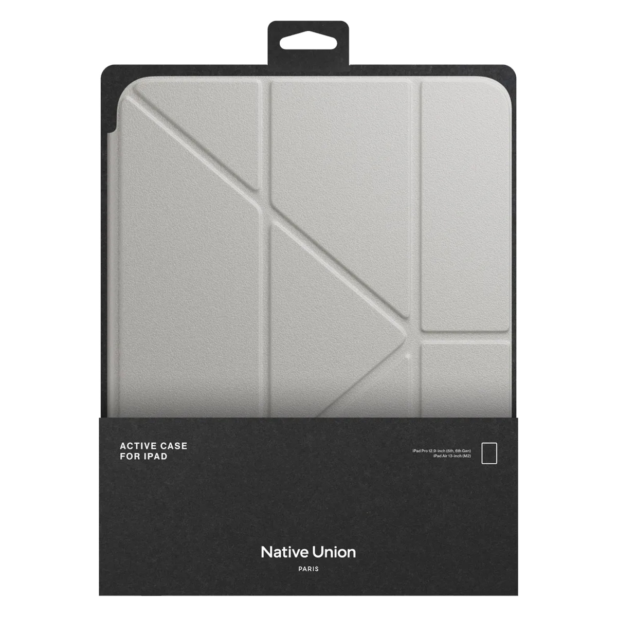 Una custodia grigia per iPad è esposta nella sua confezione nera. La confezione ha un testo che indica che è per iPad e il marchio è Native Union.