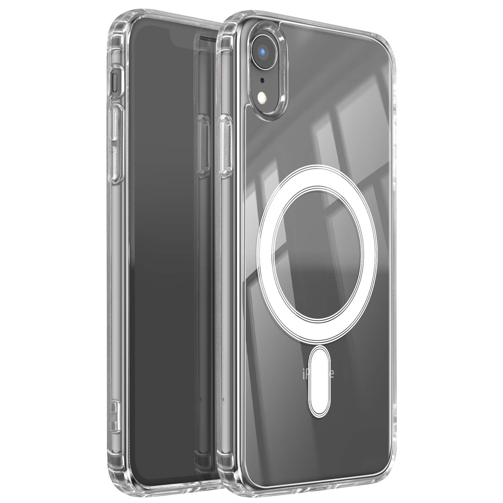 Transparante telefoonhoes. Zichtbaar zijn de telefoon en de hoes. De hoes heeft een wit cirkelvormig ontwerp en is transparant.