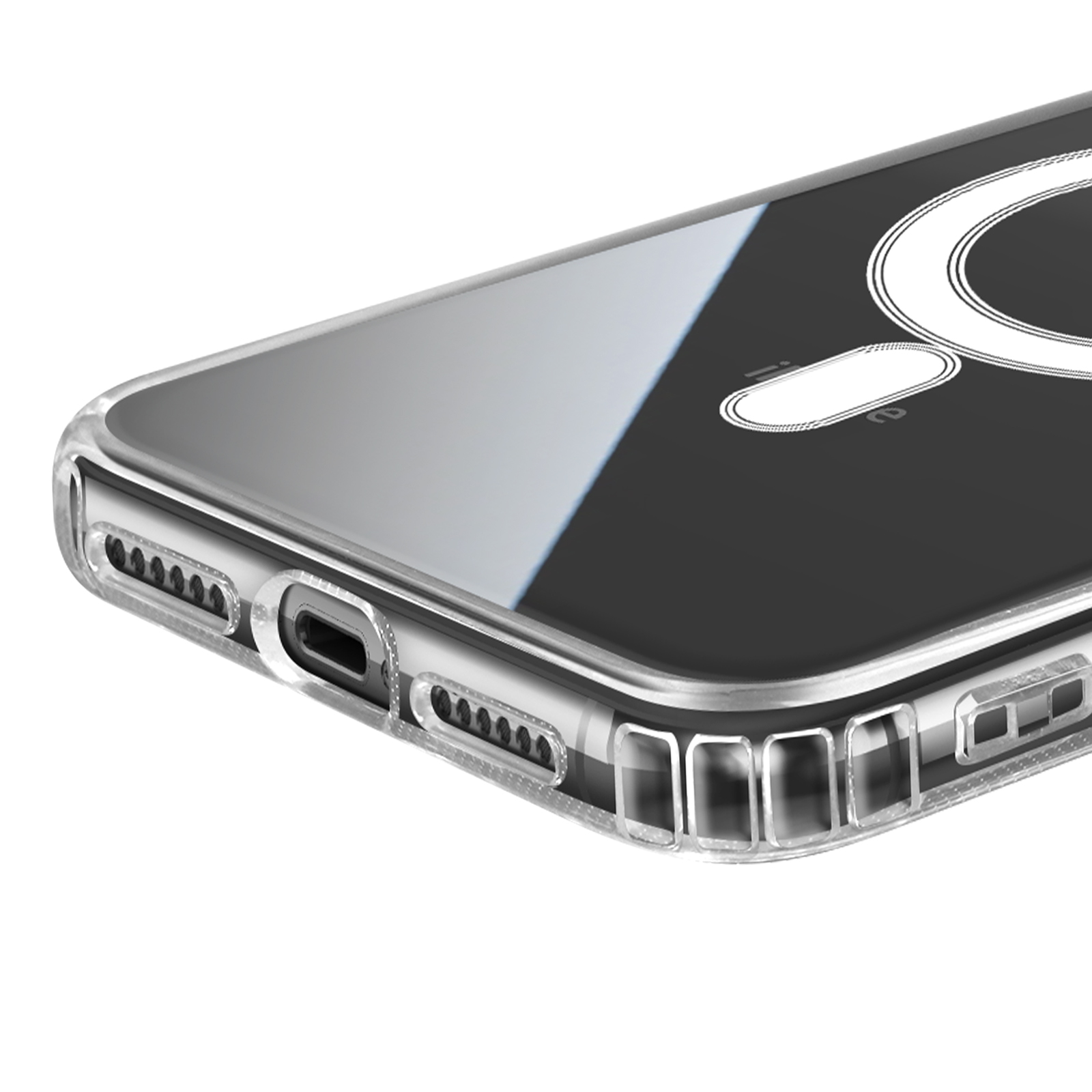 Een doorzichtige telefoonhoes toont de onderrand met een oplaadpoort, luidsprekergaten en een ontwerp op de achterkant.