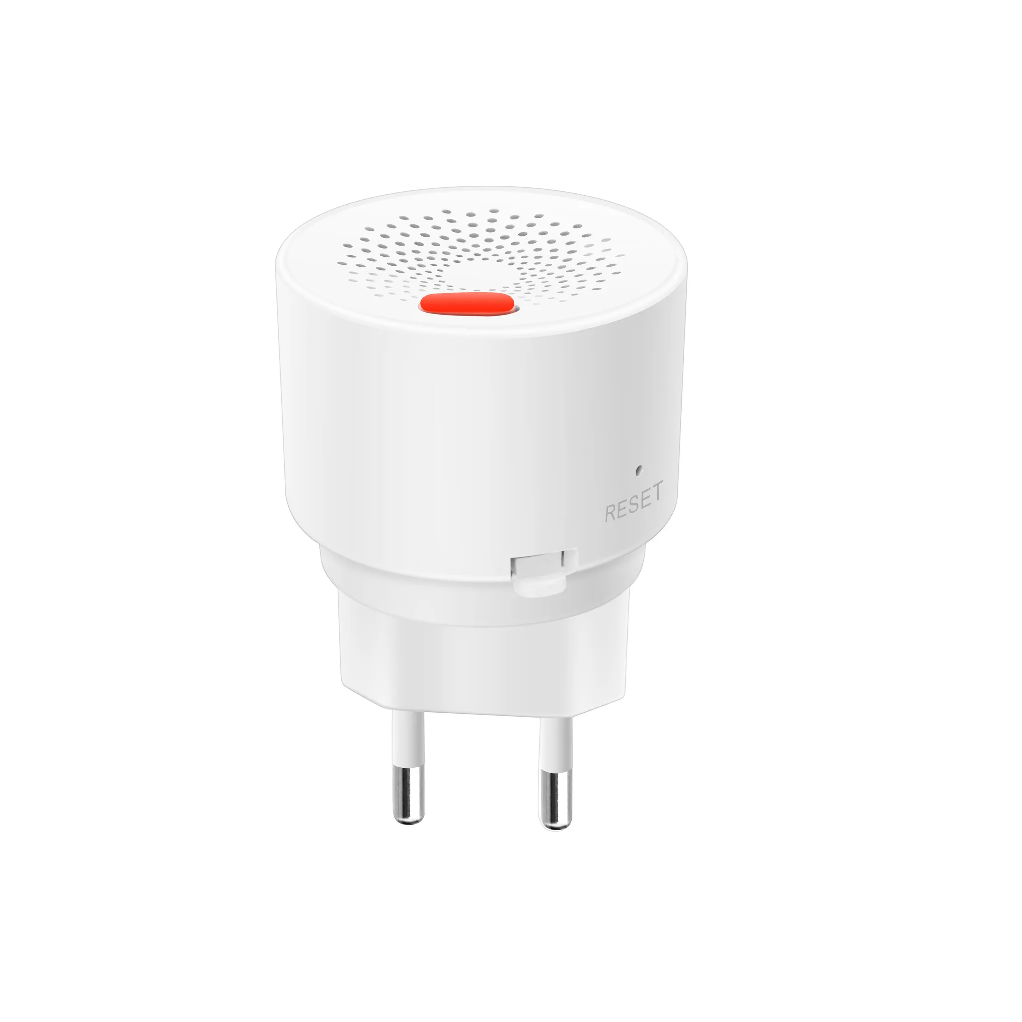 Weißer Netzadapter mit roter Taste. Er hat eine runde Oberseite mit Löchern, das Wort RESET ist gedruckt.