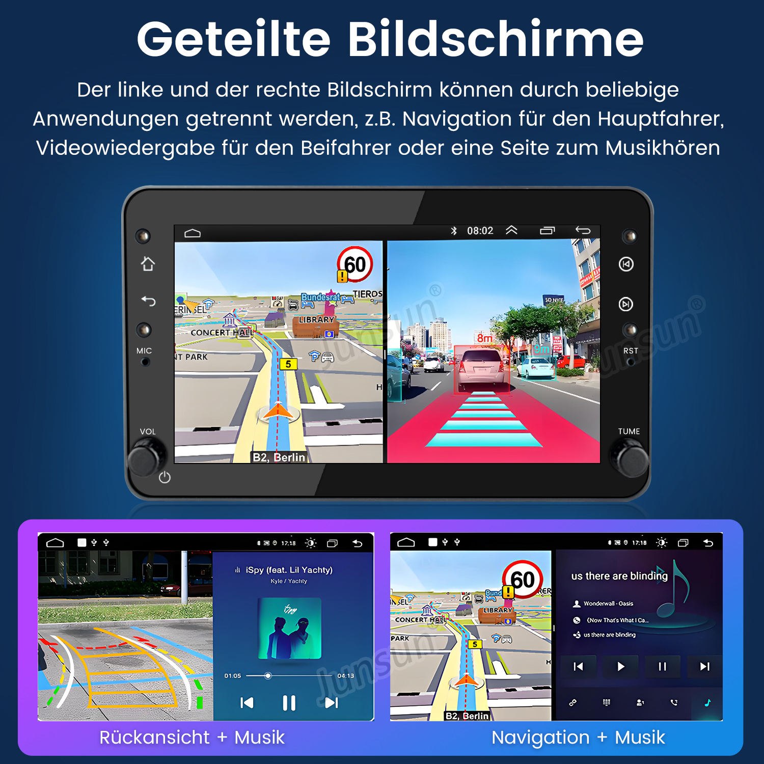 Auto-Navigationssystembildschirm mit Karte, Geschwindigkeitsbegrenzung und Musiksteuerung, aufgeteilt.
