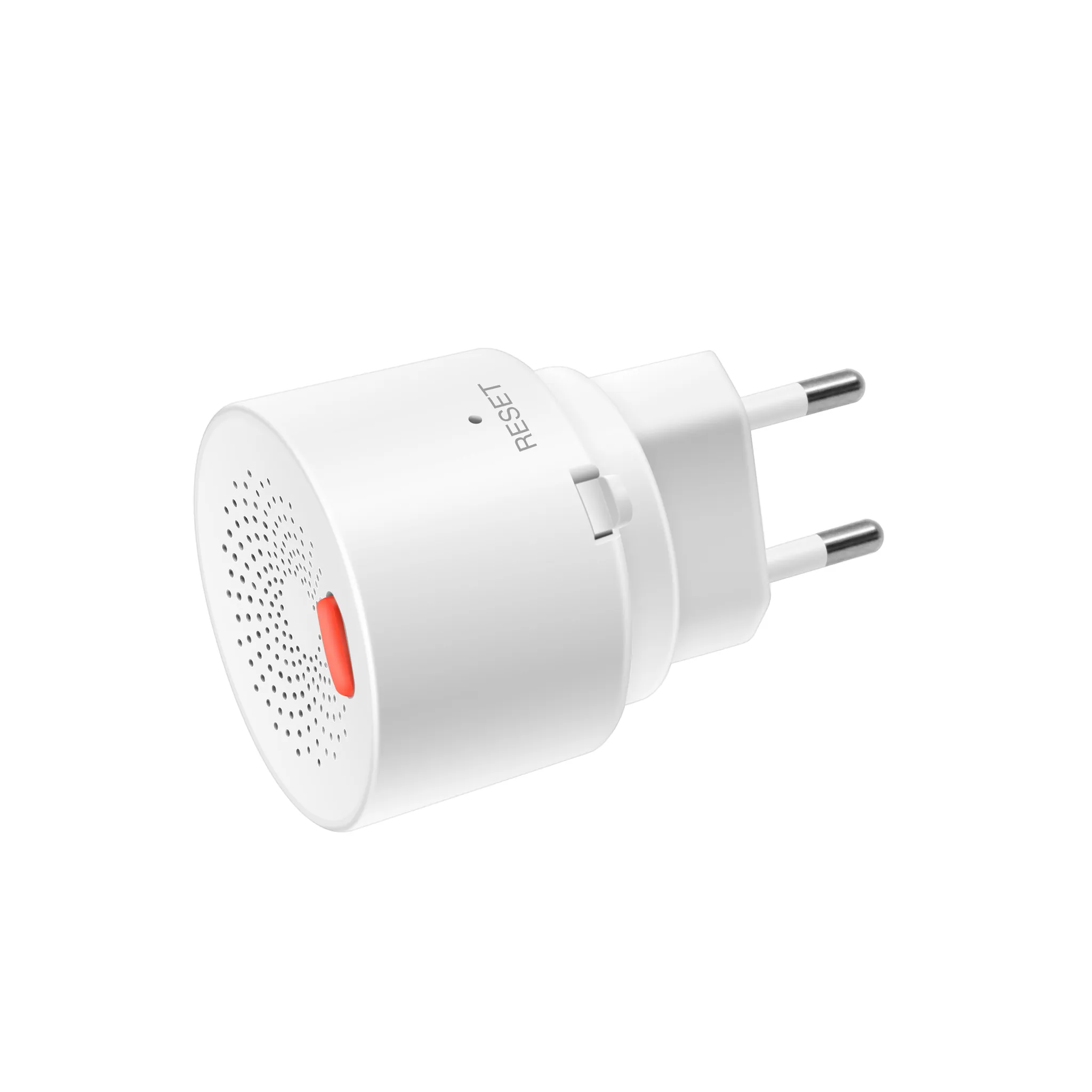 Ein weißes elektronisches Gerät mit Stecker. Es hat eine rote Taste und das Wort RESET. Es ist vor weißem Hintergrund.
