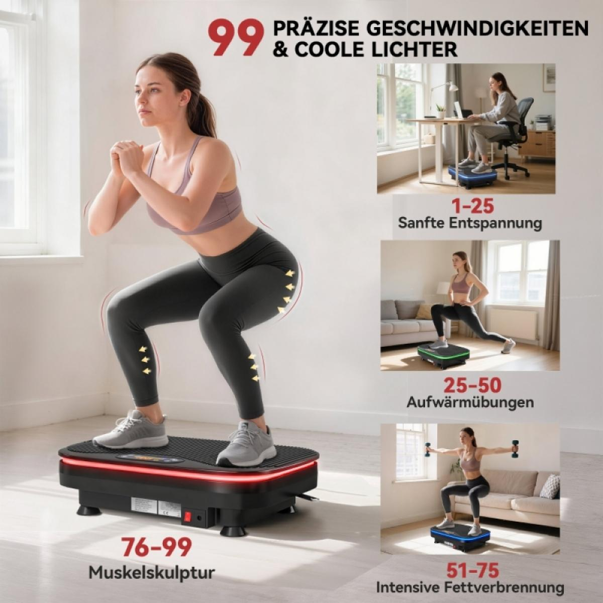Frau hockt sich auf eine Vibrationsplatte. Andere Frauen trainieren, entspannen und arbeiten auf ähnlichen Platten. Text: Präzise Geschwindigkeiten & coole Lichter.