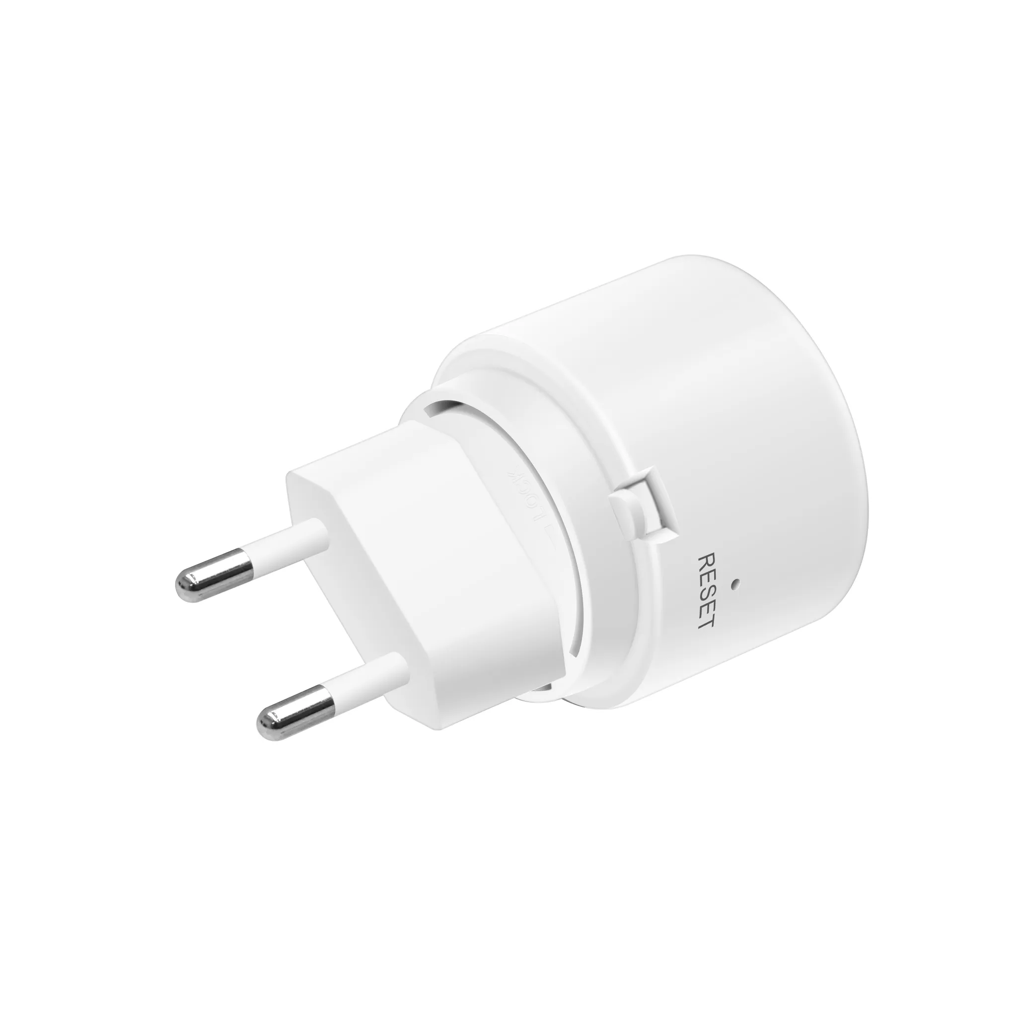 Ein weißer Netzadapter mit zwei silbernen Stiften. Er hat einen zylindrischen Körper und das Wort 'Reset' ist aufgedruckt.