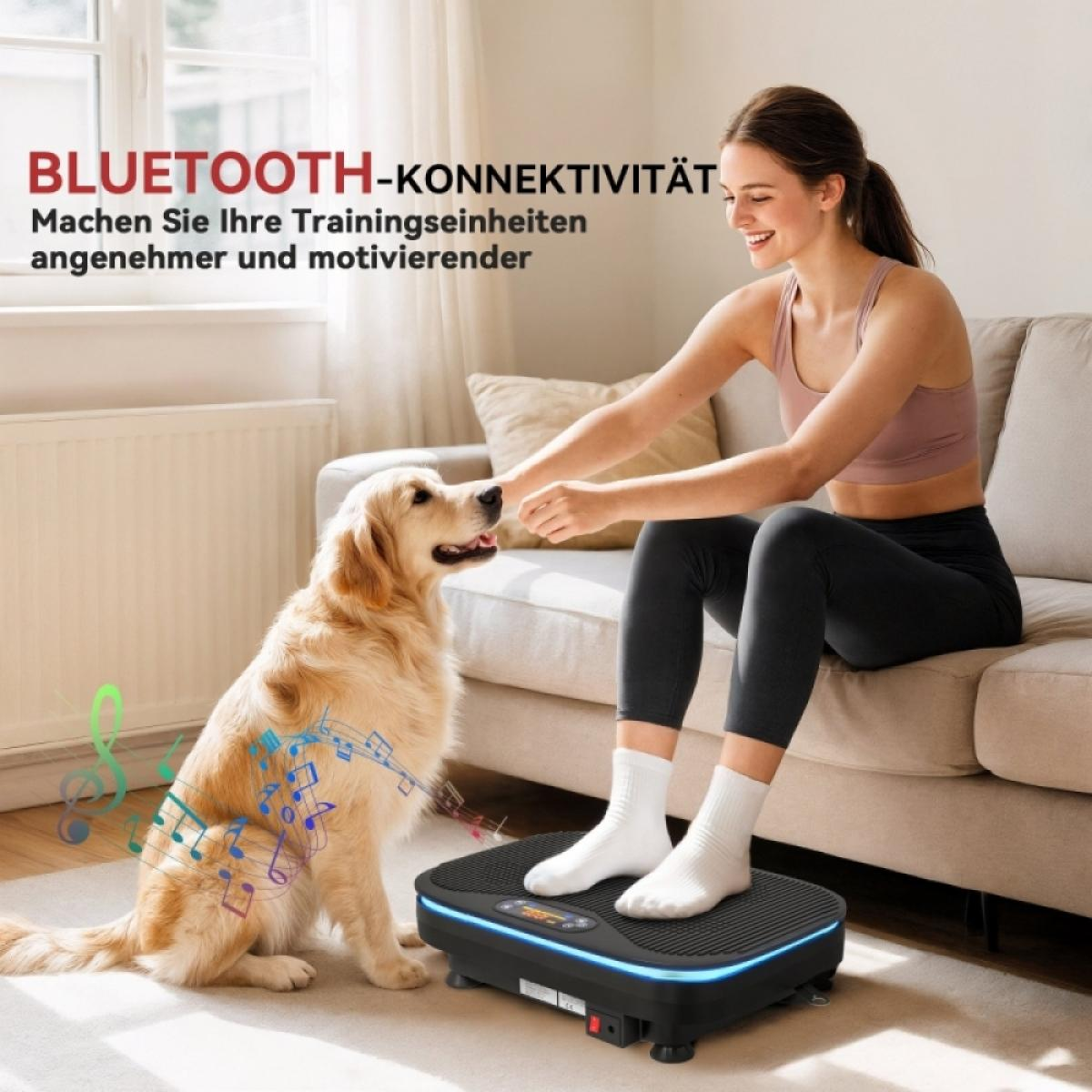 Frau sitzt auf Vibrationsplattform, streichelt Golden Retriever. Text oben: Bluetooth-Konnektivität.