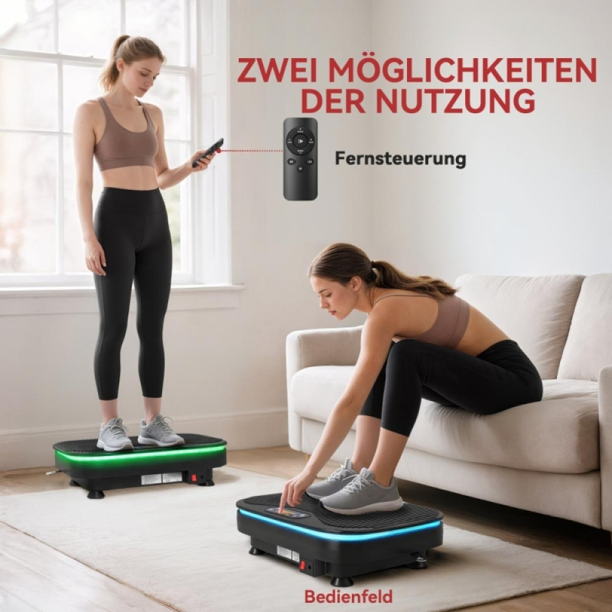 Zwei Frauen benutzen Vibrationsplatten. Eine steht und benutzt eine Fernbedienung, die andere bedient das Bedienfeld.