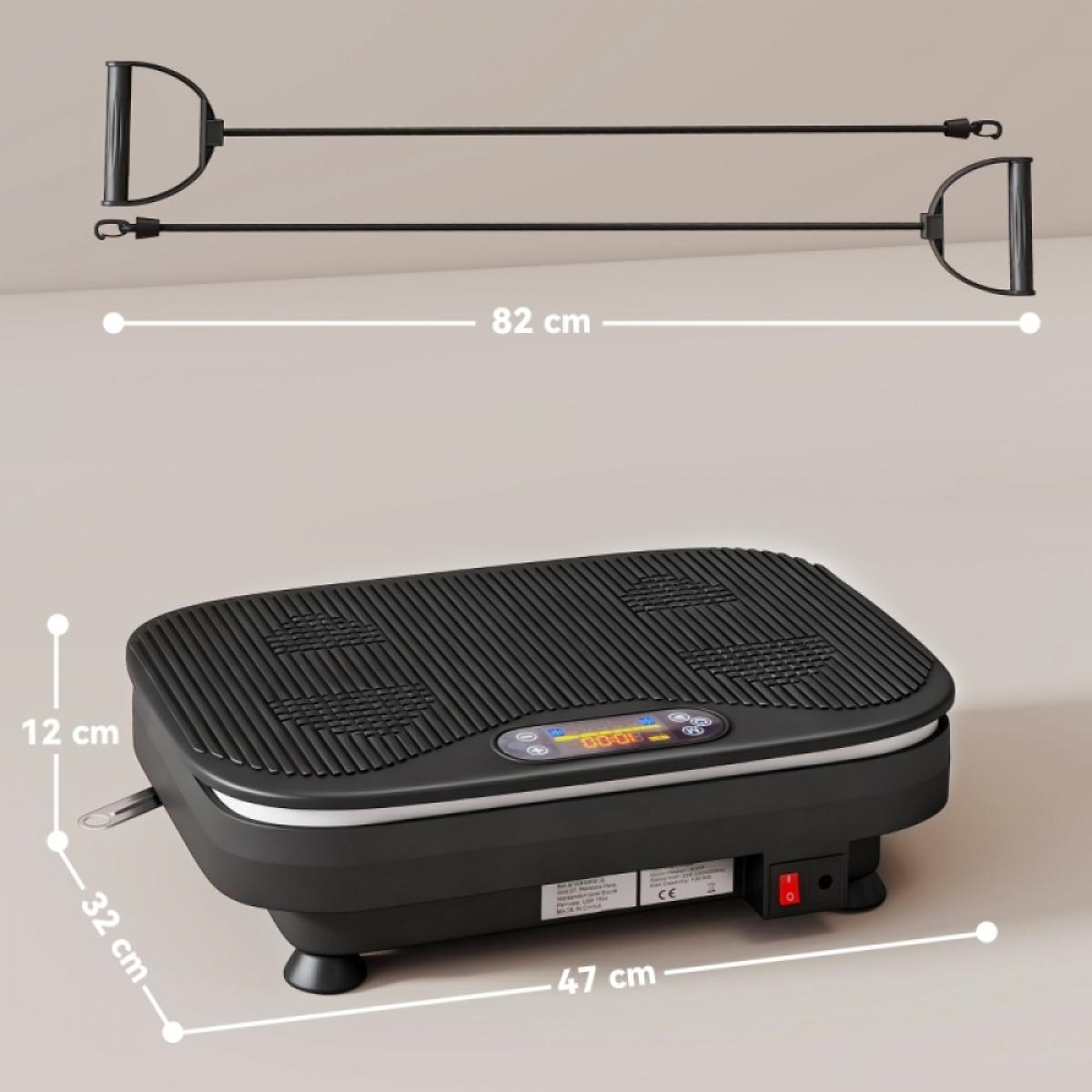 Schwarze Vibrationsplattform mit Griffen. Abmessungen: 82 cm Griffe, 12x32x47 cm Plattform. Mit Display und rotem Netzschalter.