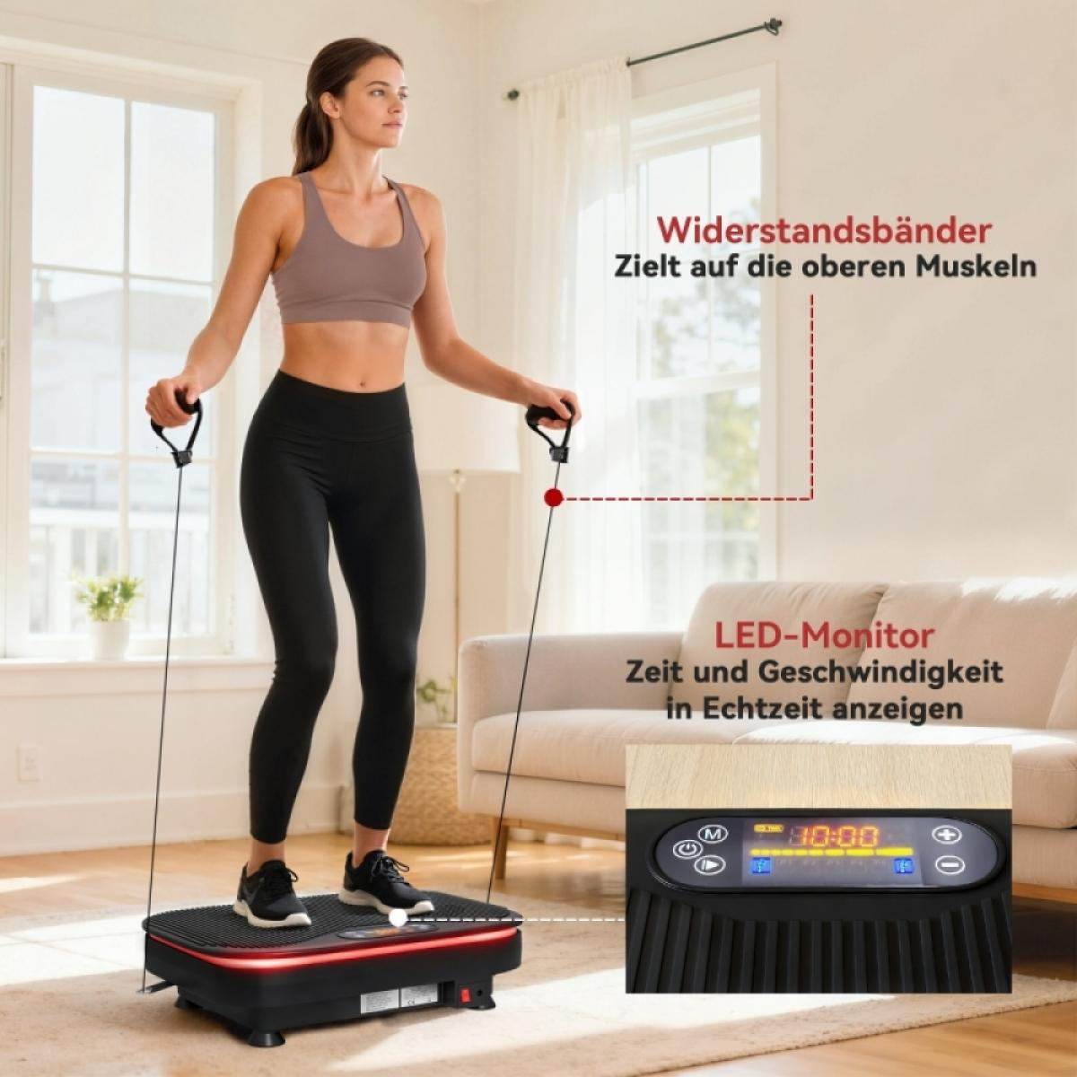 Eine Frau trainiert auf einer Vibrationsplatte. Sie hält Widerstandsbänder. Ein LED-Monitor zeigt Zeit und Geschwindigkeit. Im Hintergrund ist ein Sofa zu sehen.