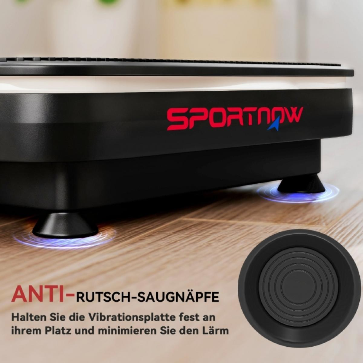 Eine schwarze Fitnessmaschine mit der Marke Sportnow. Sie hat Anti-Rutsch-Saugnäpfe. Die Maschine steht auf einem Holzboden.