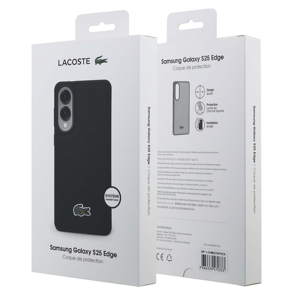 Una caja de funda de teléfono con el logo de Lacoste. Dice Samsung Galaxy S25 Edge. Protege el teléfono.