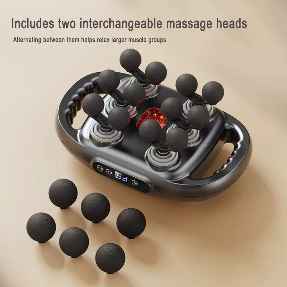 Ein schwarzes Massagegerät mit mehreren Massageköpfen und zusätzlichen losen Köpfen. Text: Enthält zwei austauschbare Massageköpfe.
