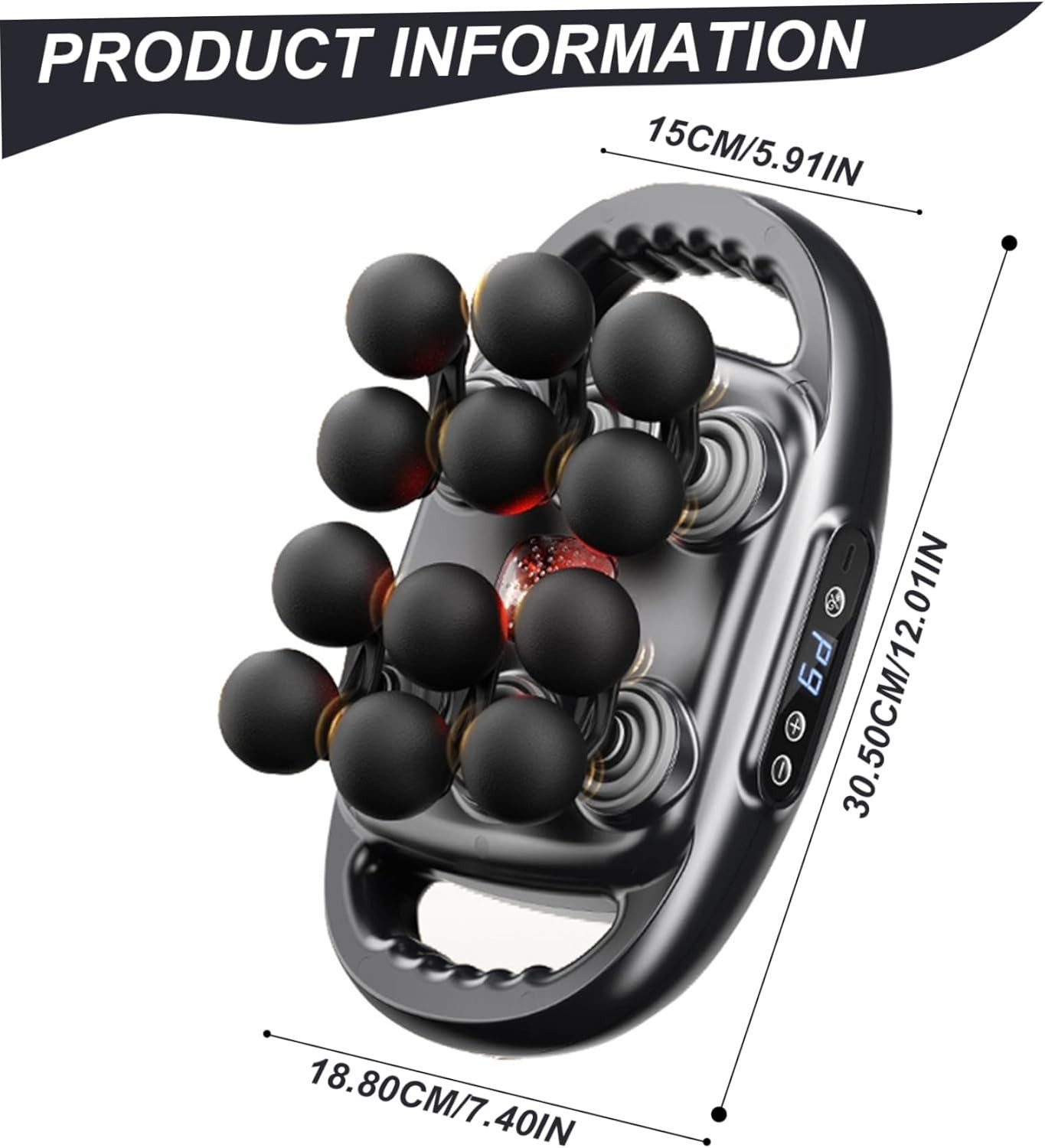 Ein schwarzes Massagegerät mit mehreren Massageköpfen. Abmessungen sind angegeben. Produktinformationen stehen oben.