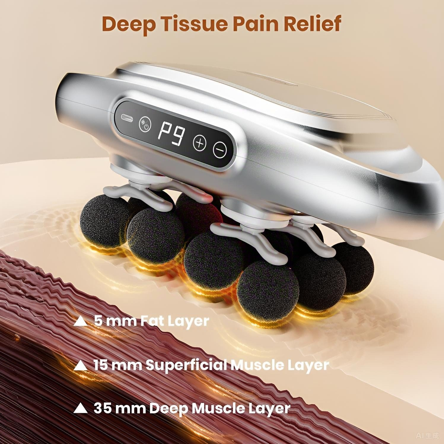 Ein silbernes Massagegerät mit schwarzen Massagekugeln. Text zeigt 'Deep Tissue Pain Relief' und Fett- und Muskelschichten.