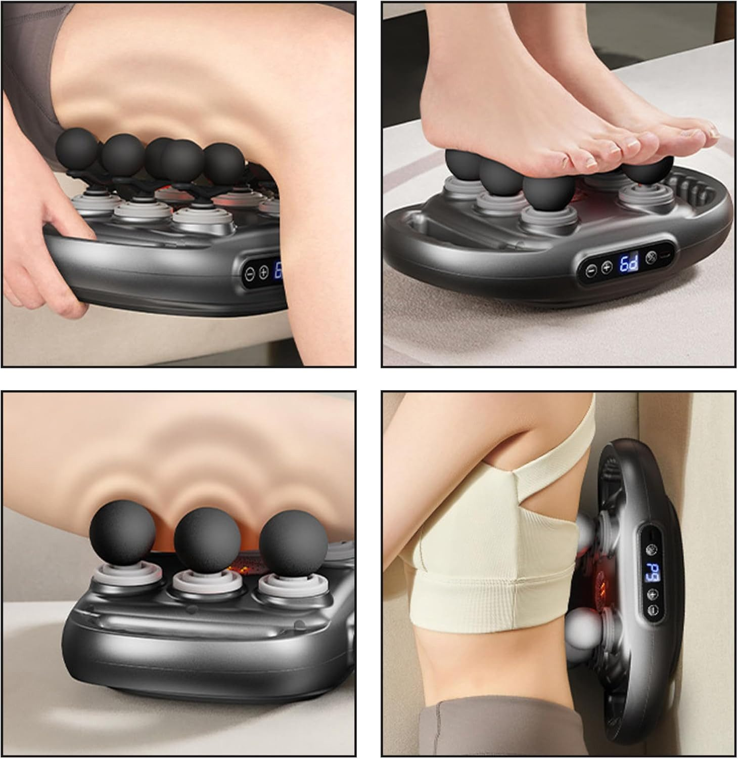 Ein Massagegerät wird am Rücken, an den Füßen und am Arm verwendet. Das Gerät hat schwarze Massagekugeln und eine Digitalanzeige.