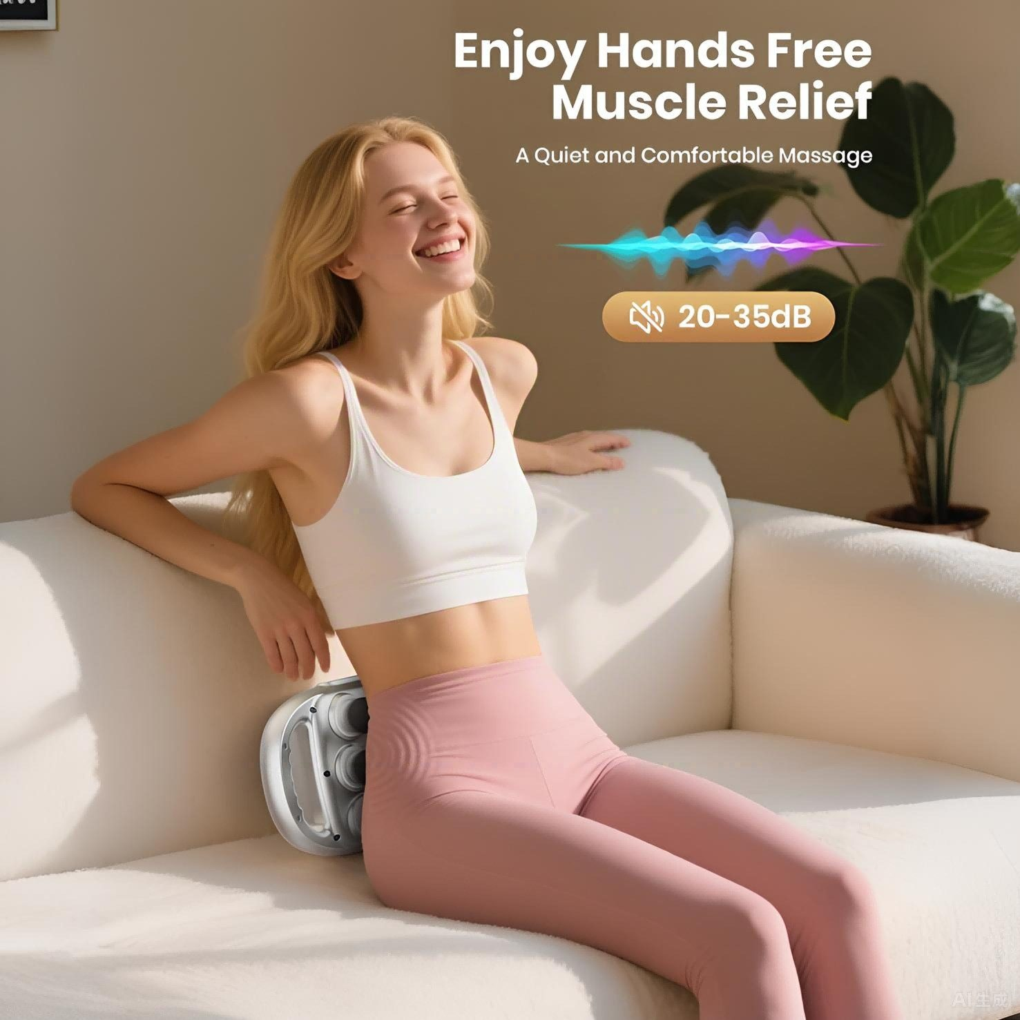 Frau auf dem Sofa mit einem Massagegerät. Sie trägt ein weißes Oberteil und eine rosa Hose und lächelt. Produktdetails werden im Hintergrund gezeigt.