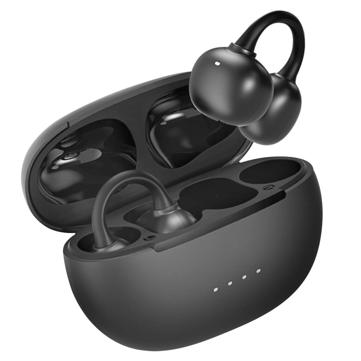 Auricolari wireless neri con custodia di ricarica. La custodia è aperta e un auricolare è fuori. Tre punti bianchi sono sulla custodia.