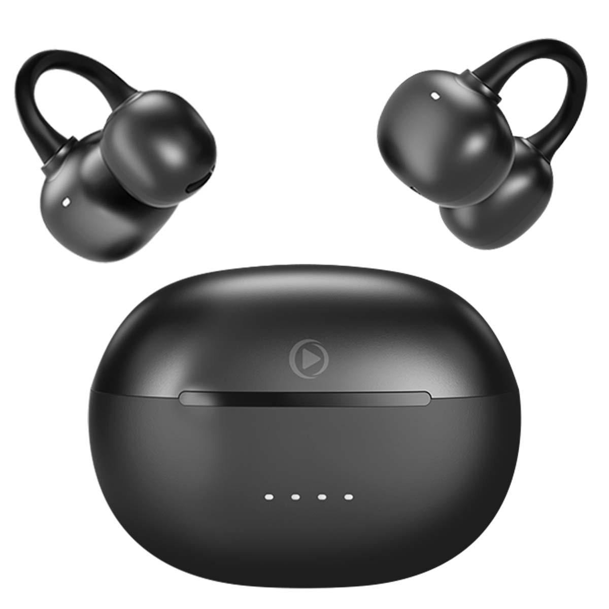 Auricolari wireless neri con custodia di ricarica. Gli auricolari sono posizionati attorno alla custodia su sfondo bianco.