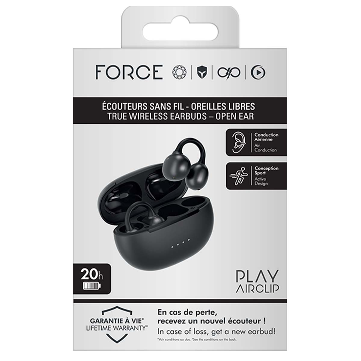 Scatola con auricolari wireless neri. Testo: 'FORCE', 'TRUE WIRELESS EARBUDS', '20h' e 'LIFETIME WARRANTY'.