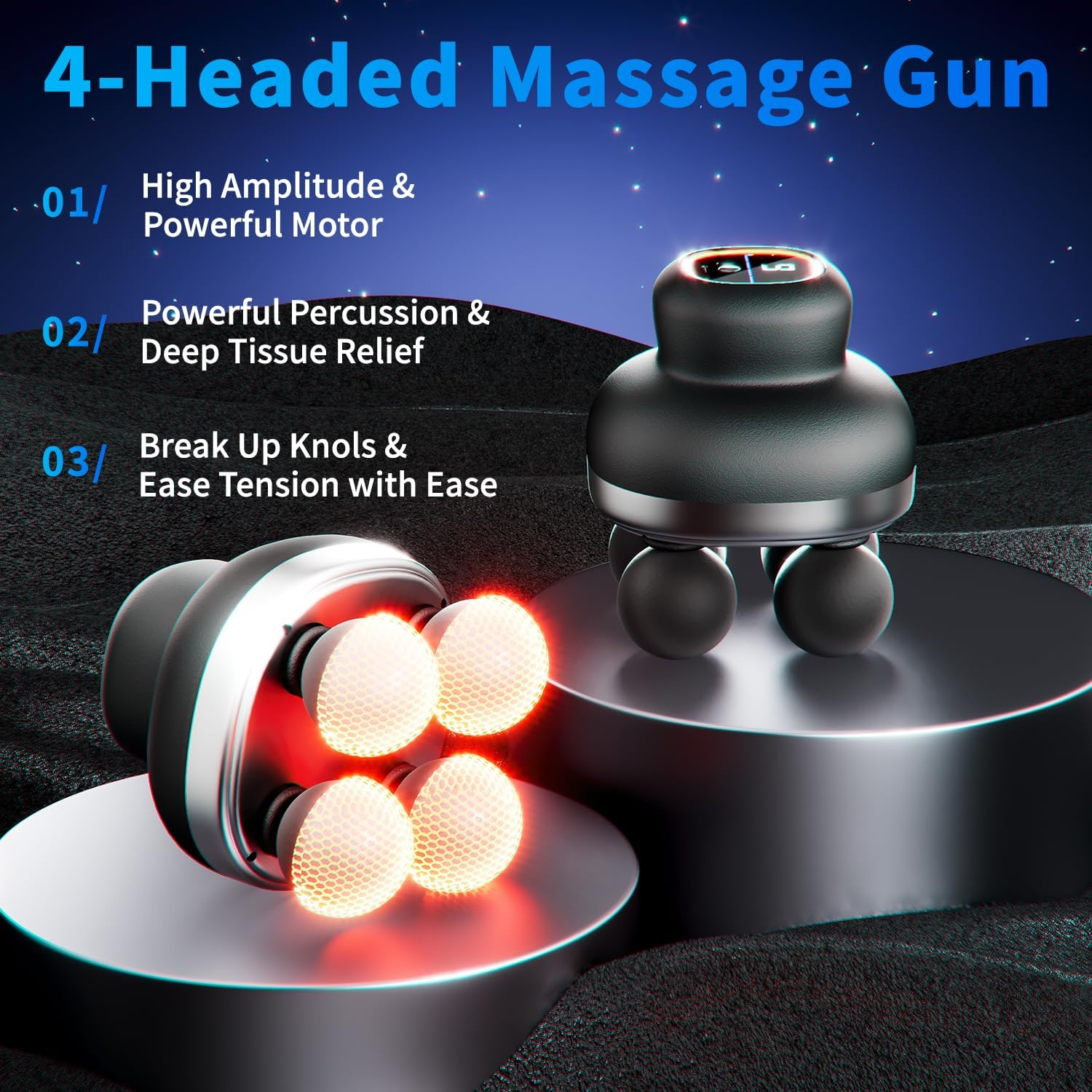 Gezeigt wird eine 4-köpfige Massagepistole mit schwarzem Gehäuse und vier Massageköpfen. Der Text beschreibt die Eigenschaften.