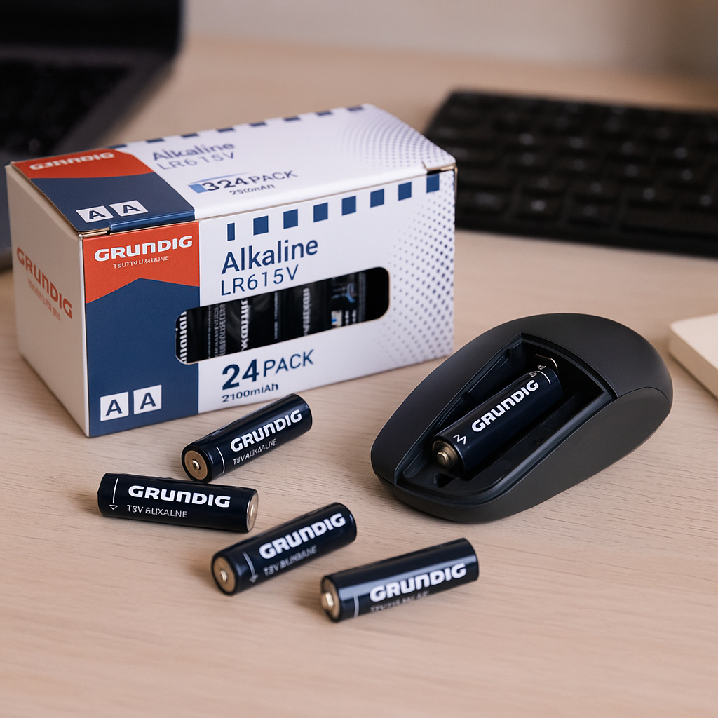 Eine Schachtel mit Grundig AA-Batterien und mehrere lose Batterien liegen auf einem Holztisch mit einer drahtlosen Maus und Tastatur im Hintergrund.