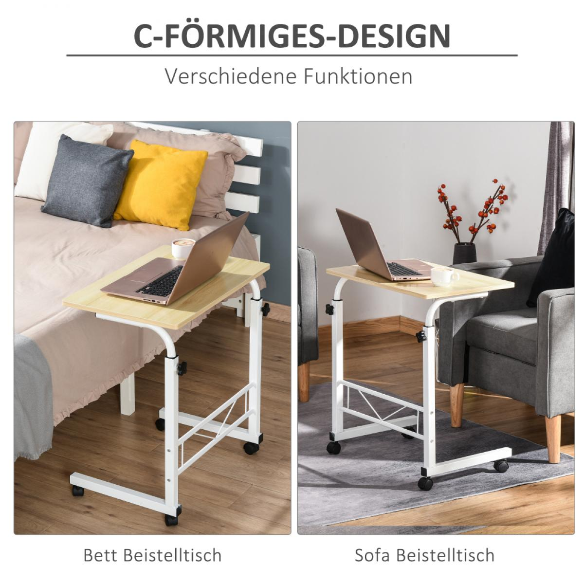 Das Bild zeigt zwei Szenen: ein Bett mit einem Laptop-Tisch und ein Sofa mit einem Laptop-Tisch. Beide Tische haben eine Holzplatte und ein weißes Gestell.