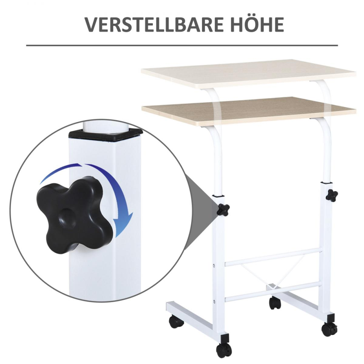 Schreibtisch mit verstellbarer Höhe, zwei Tischplatten, Rädern und einem schwarzen Knopf. Nahaufnahme zeigt den Knopf.