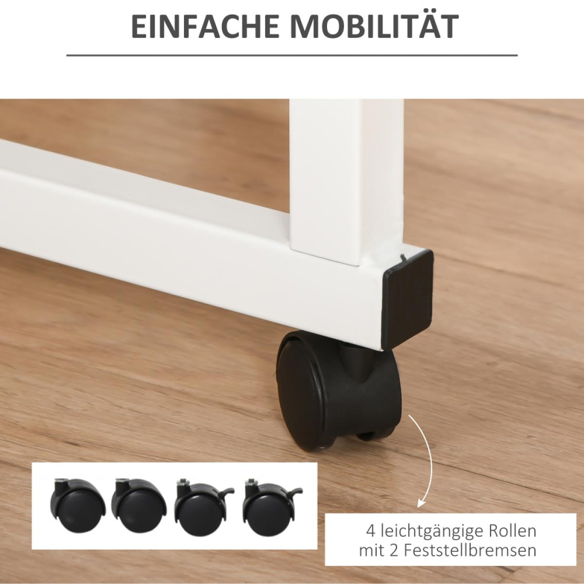 Nahaufnahme eines weißen Tischbeins mit schwarzem Rad auf Holzboden. Der Text lautet 'Einfache Mobilität' und zeigt 4 Räder.