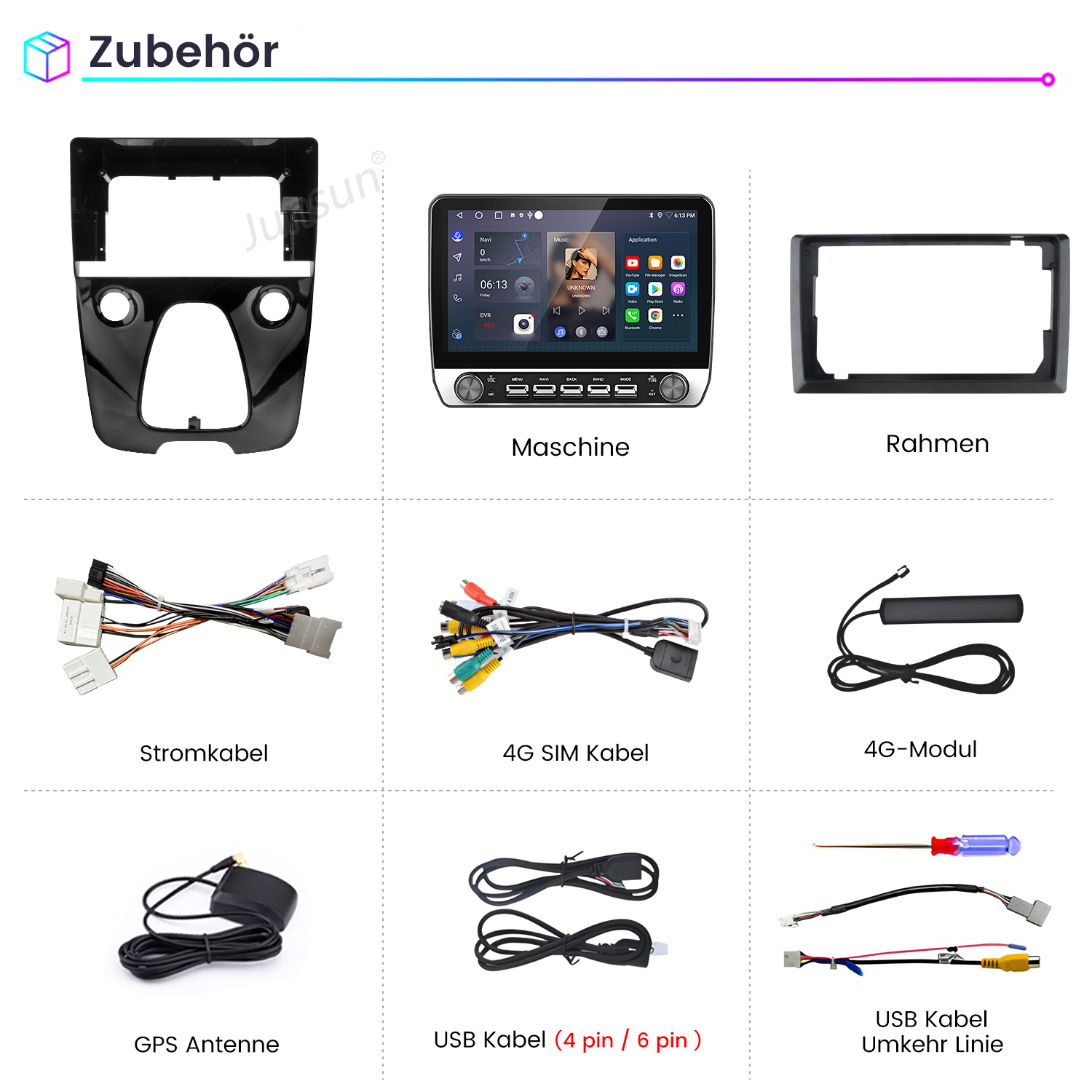 Das Bild zeigt Zubehör für Auto-Audio. Dazu gehören eine Maschine, ein Rahmen, Kabel und eine Antenne. Die Maschine zeigt eine Musikoberfläche.