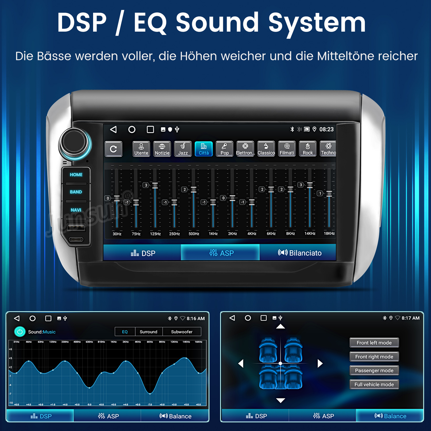 Autoradio-Bildschirm mit Klangeinstellungen. Equalizer, Balance und Surround-Sound-Optionen. Mehrere Tasten und Bedienelemente sind sichtbar.