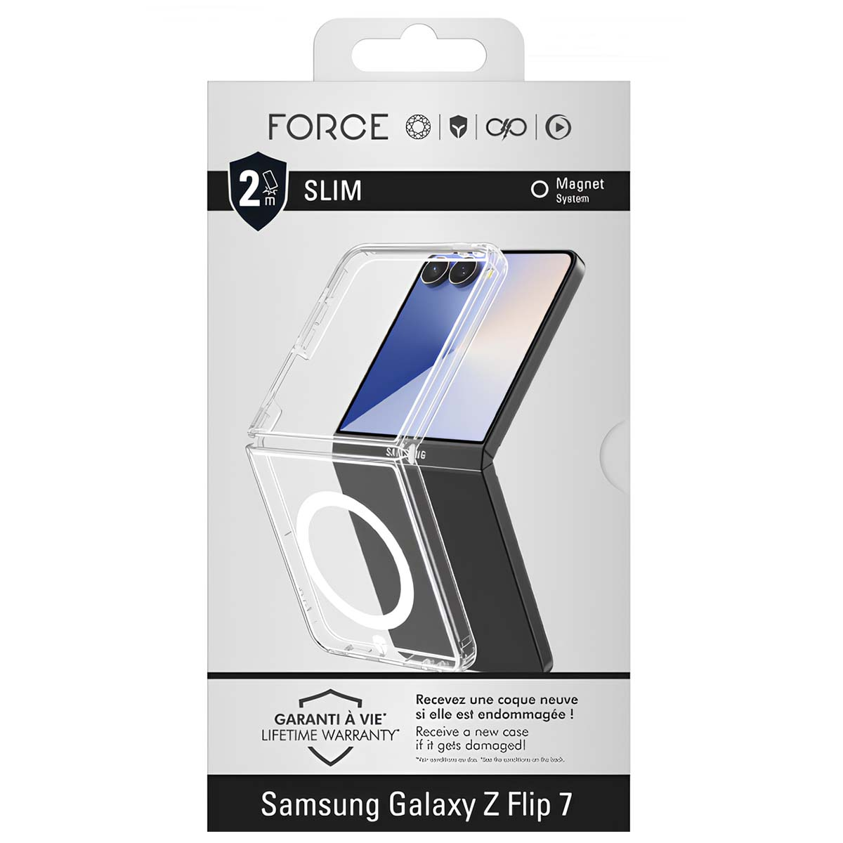 Una custodia per Samsung Galaxy Z Flip 7. La custodia è trasparente, mostrando il telefono all'interno. Il testo include 'FORCE', 'SLIM' e 'LIFETIME WARRANTY'.
