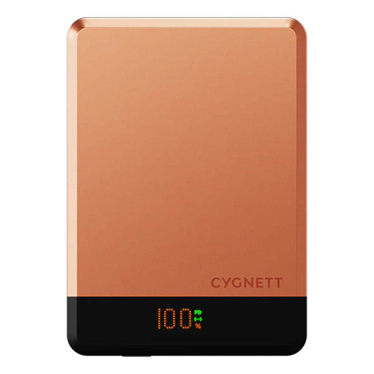 Un power bank color rame con fondo nero. Mostra il 100% di carica. È visibile il marchio 'CYGNETT'.