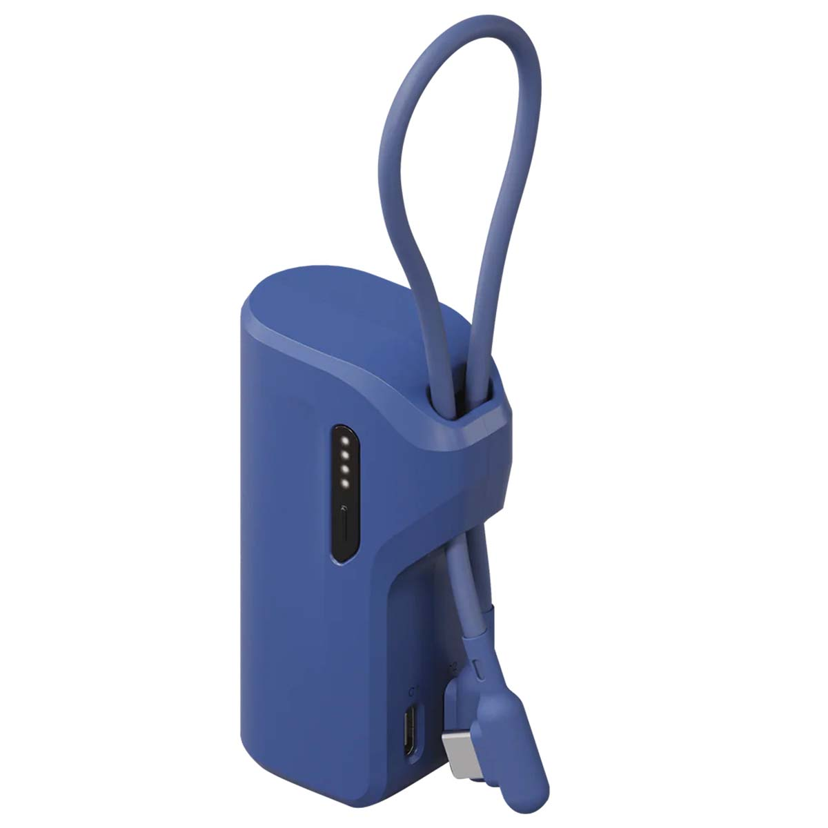 Un power bank blu con un anello e cavo collegato. Ha quattro spie luminose e una porta USB.