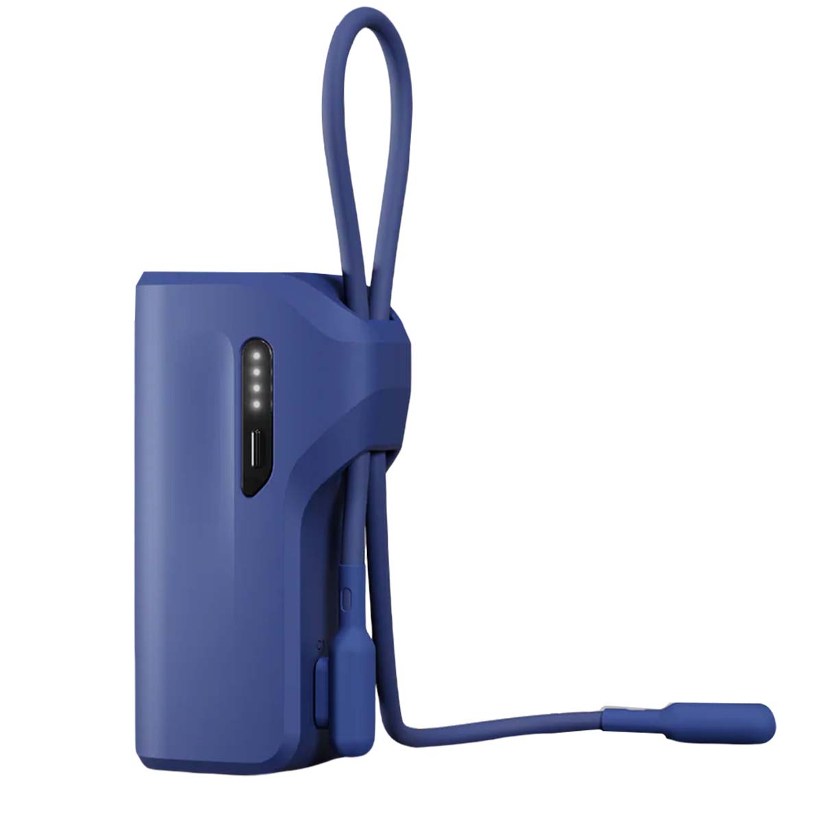 Un power bank blu con un anello e un cavo. Ha spie luminose e un pulsante laterale. Lo sfondo è bianco.