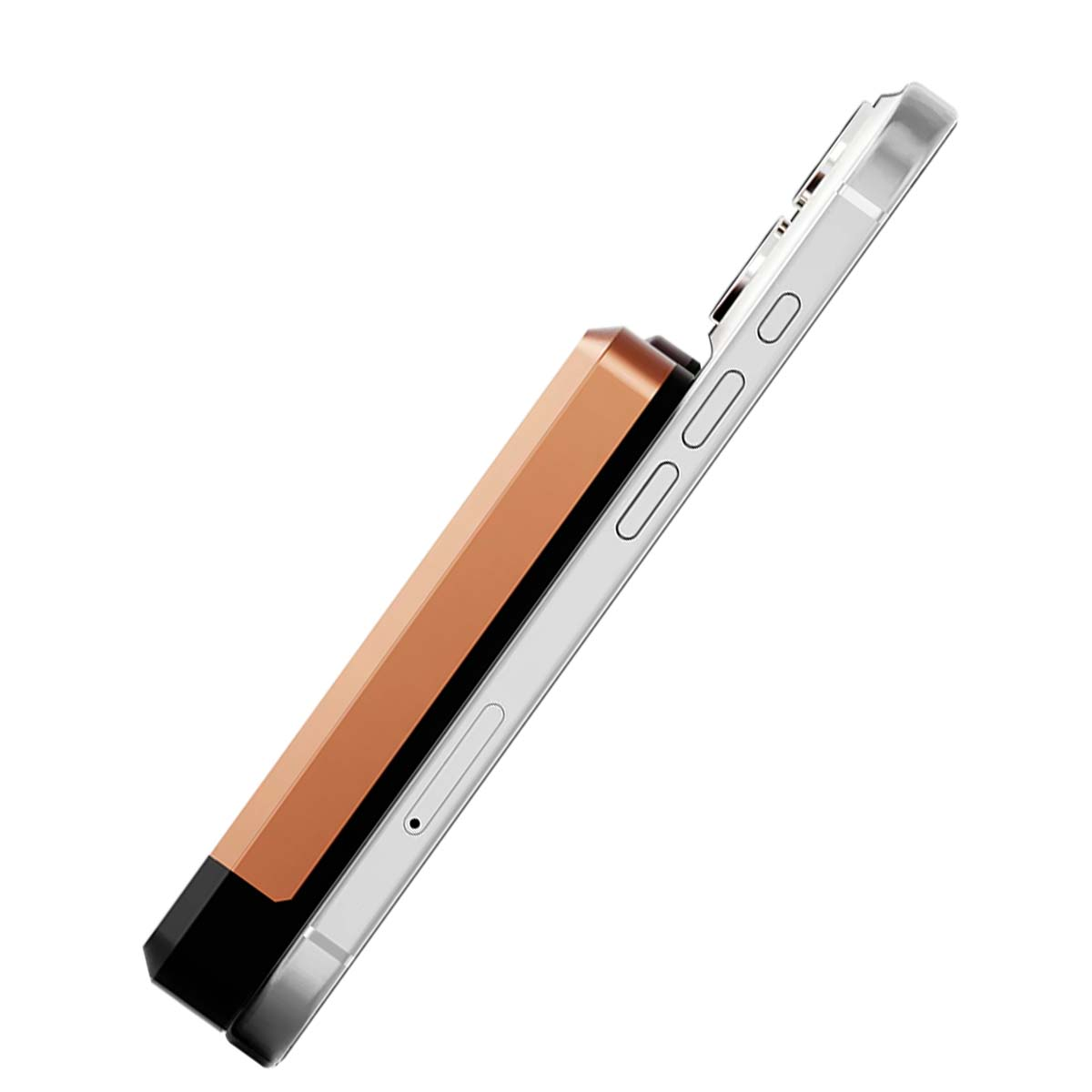 Uno smartphone con un power bank color rame attaccato. Il telefono è argento, il power bank è rettangolare con base nera.