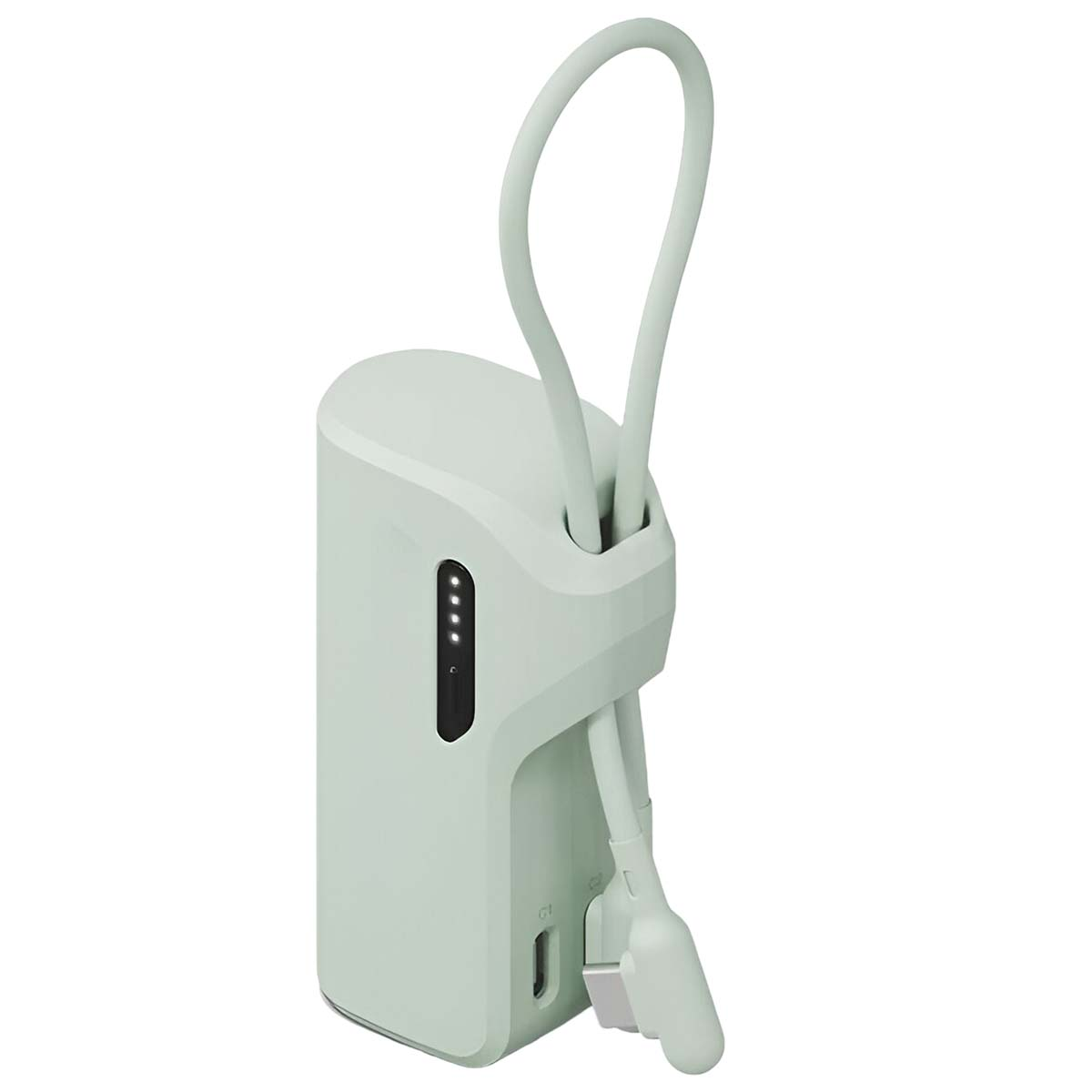 Eine mintgrüne Powerbank mit Schlaufengriff. Sie hat ein Ladekabel und eine Anzeige für den Batteriestand.