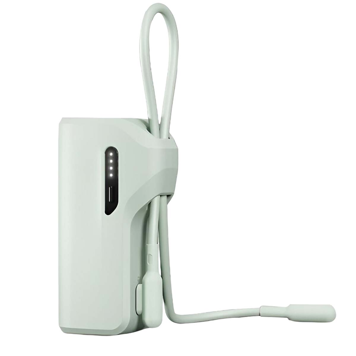Eine mintgrüne Powerbank mit Schlaufe, Kabel und USB-Anschluss. Sie hat Kontrollleuchten, die den Akkustand anzeigen.