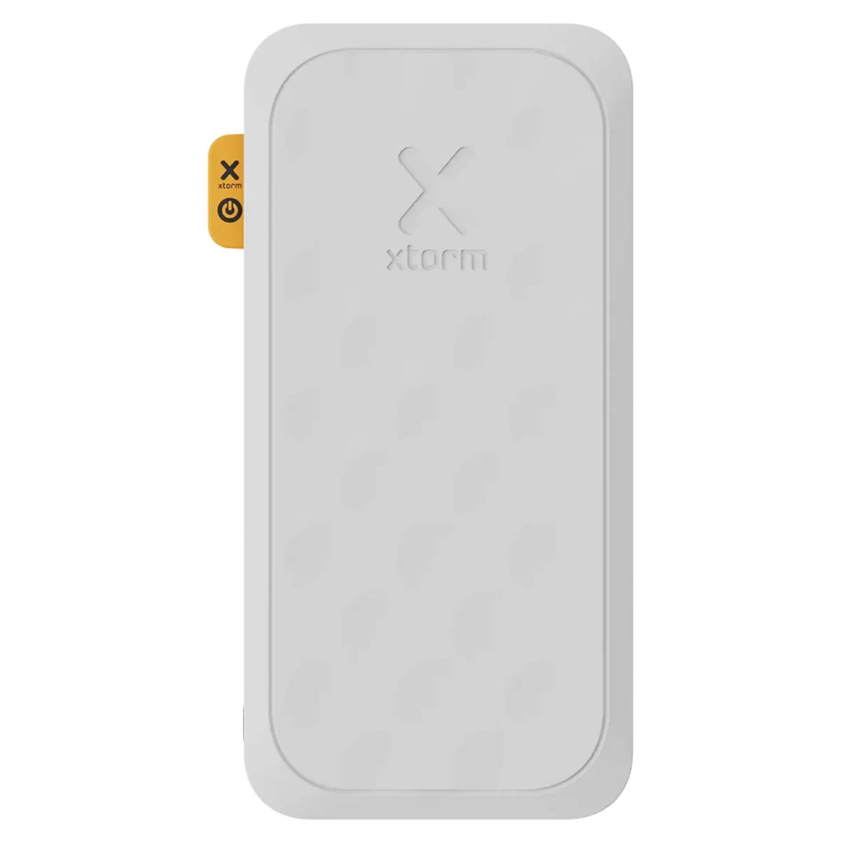 Appareil rectangulaire blanc avec le logo 'xtorm' et une languette jaune avec le logo 'xtorm' et une icône d'alimentation.