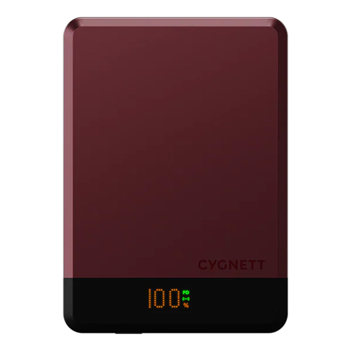 Un power bank bordeaux con base nera. Mostra la carica al 100%. Il marchio Cygnett è visibile.
