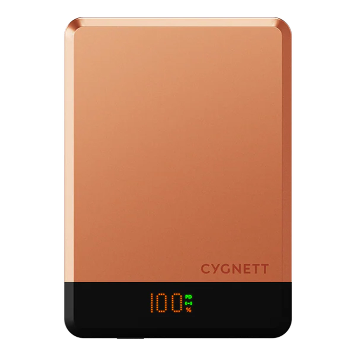 Un power bank rettangolare con parte superiore color rame e inferiore nera. Visualizza il 100% di carica. Il marchio CYGNETT è sul dispositivo.