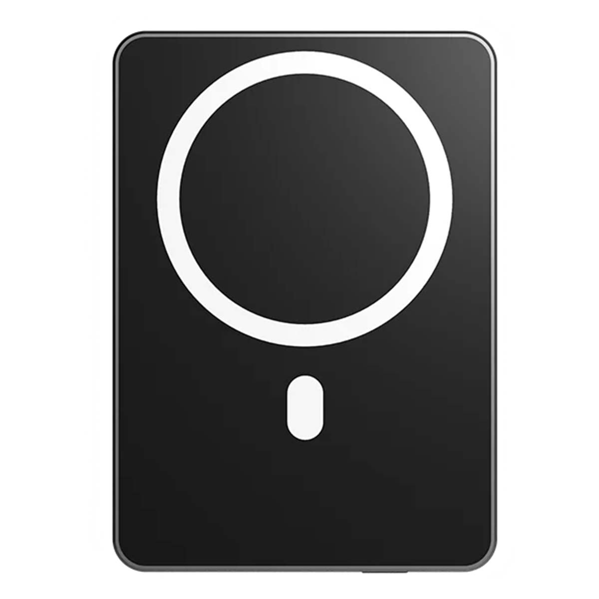 Un caricatore wireless rettangolare nero con un anello bianco e una piccola pillola bianca. Il caricatore ha gli angoli arrotondati.