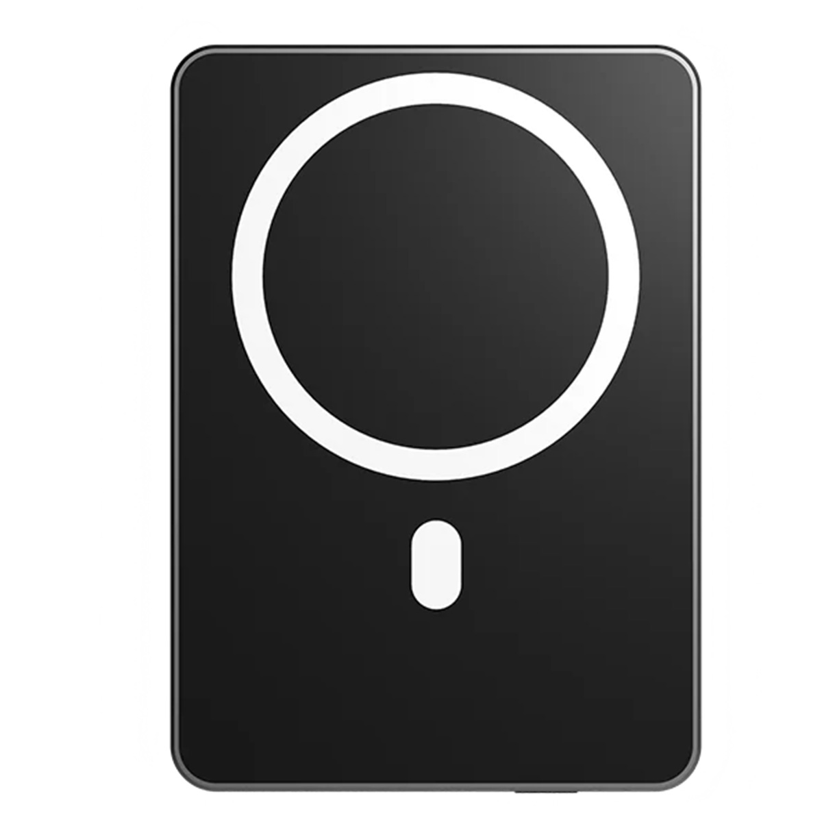 Caricabatterie wireless rettangolare nero con un contorno circolare bianco e una piccola spia bianca in basso.