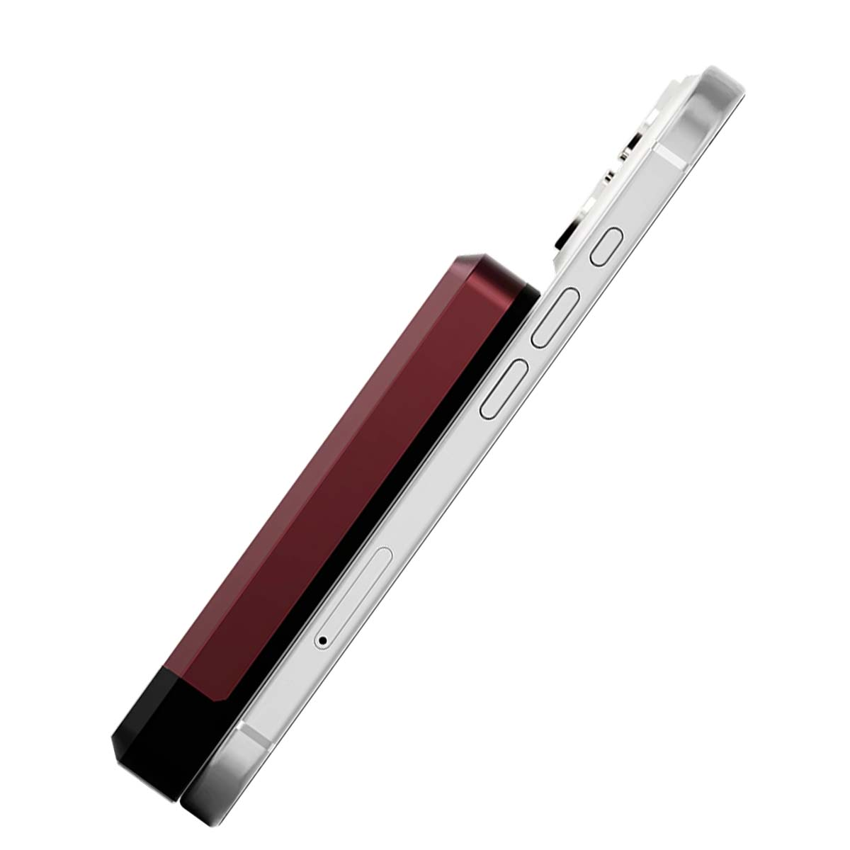 Uno smartphone con un accessorio rosso attaccato, angolato su sfondo bianco. L'accessorio è rettangolare.