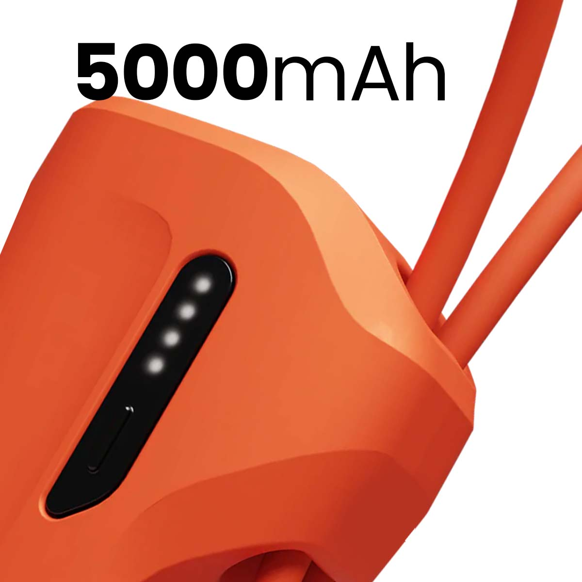 Orangenes Gerät mit Text 5000mAh. Es hat ein schwarzes Panel mit vier weißen Punkten. Zwei orangefarbene Kabel sind ebenfalls sichtbar.