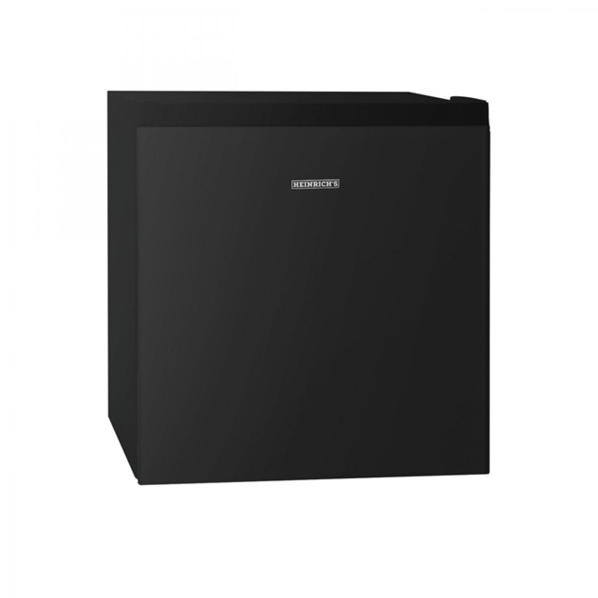 Czarna mini-lodówka z marką 'Heinrich's' na froncie. Lodówka jest kanciasta i stoi na białym tle.